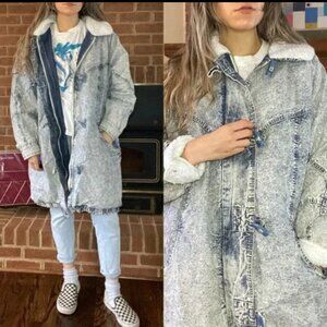Vintage 90s Andy Johns Acid Wash Denim Faux Sherpa Teddy Toggle Button L…